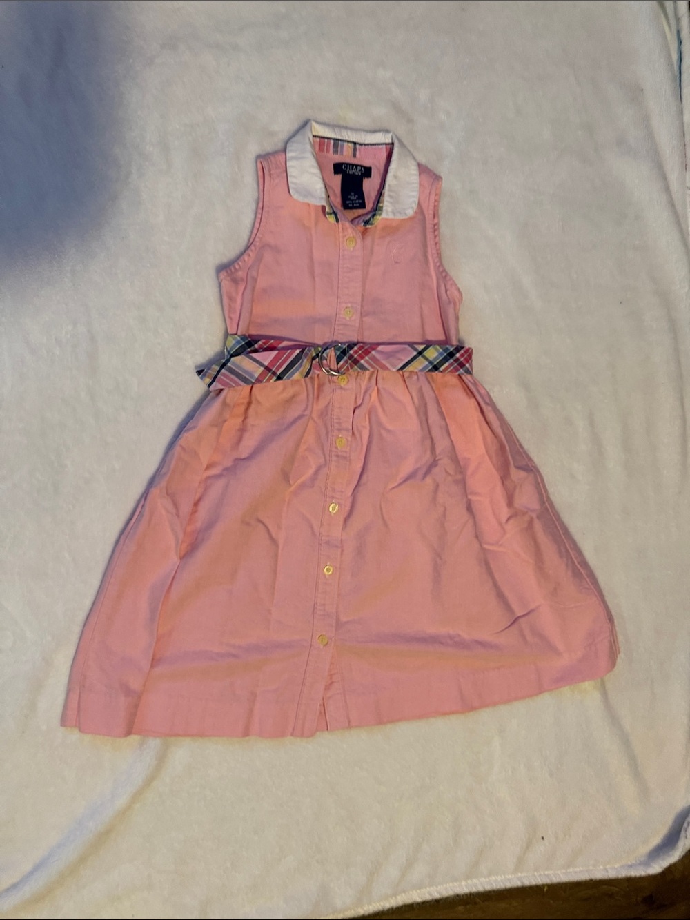 Chaps Pink Sleeveless Button-Front Dress with Plaid Belt